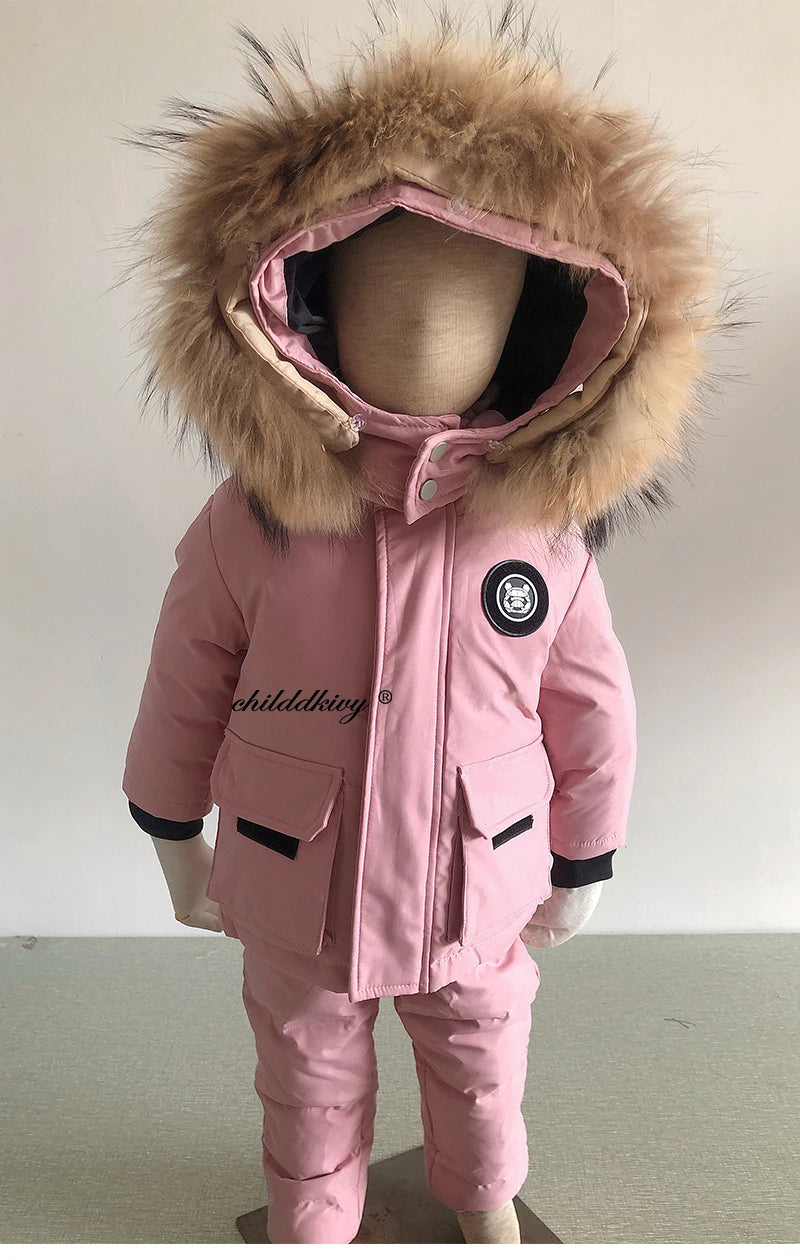 Kinder Daunenanzug für Winter und Herbst – Warmer Schneeanzug mit Pelzkragenlook, Jacke und Mantel für Jungen und Mädchen, Outwear für 1-5 Jahre