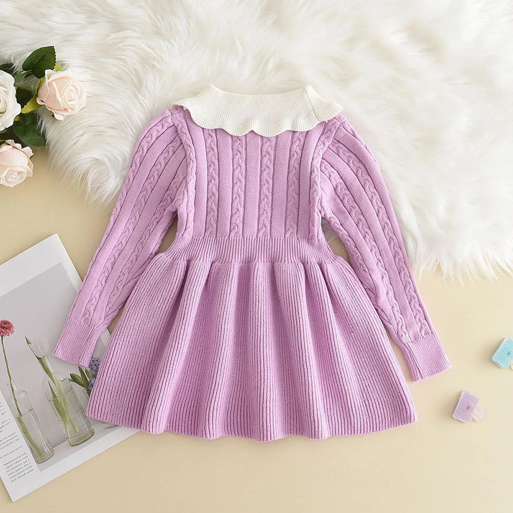 Strick-Prinzessinnen-Kleid für Mädchen – Langarm-Pulloverkleid mit Rüschen und Blumen