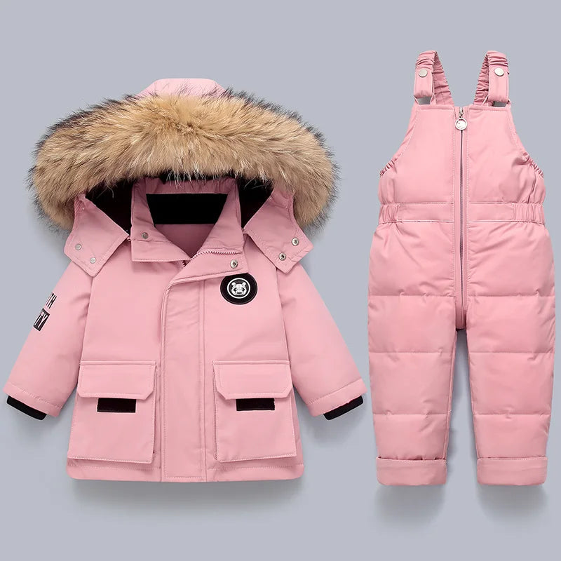 Kinder Daunenanzug für Winter und Herbst – Warmer Schneeanzug mit Pelzkragenlook, Jacke und Mantel für Jungen und Mädchen, Outwear für 1-5 Jahre