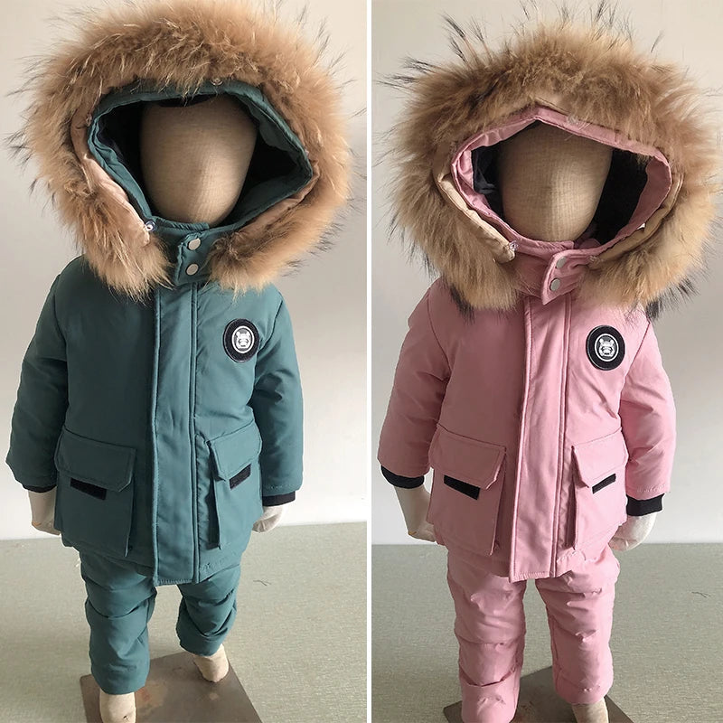 Kinder Daunenanzug für Winter und Herbst – Warmer Schneeanzug mit Pelzkragenlook, Jacke und Mantel für Jungen und Mädchen, Outwear für 1-5 Jahre