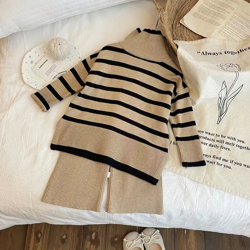 Mädchen-Herbst- und Winter-Set 2025 – Stilvoller Strickpullover mit hohem Kragen und weiten Beinen, zweiter Teil mit Hose, modisches Baby-Outfit für kalte Tage