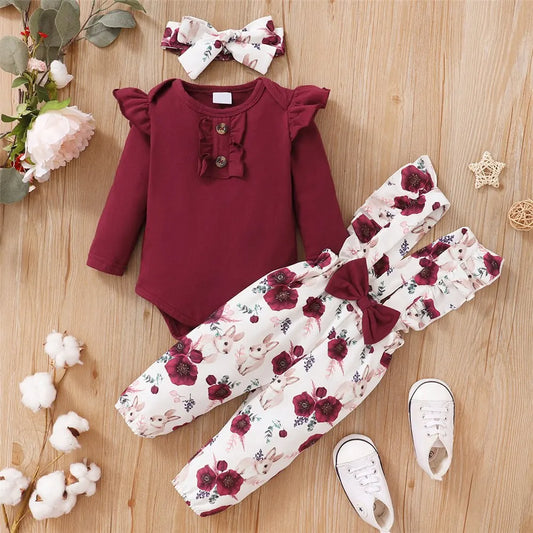 3 teiliges Blumen-Set für Neugeborene – 3-teiliges Outfit mit Strampler & Trägerhose