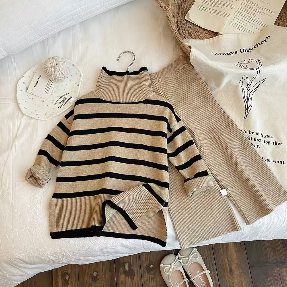 Mädchen-Herbst- und Winter-Set 2025 – Stilvoller Strickpullover mit hohem Kragen und weiten Beinen, zweiter Teil mit Hose, modisches Baby-Outfit für kalte Tage