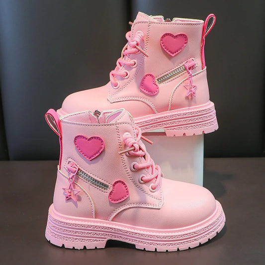 Mädchenstiefel, modische Gummistiefel für Kinder, cooles MädcModische Mädchen-Stiefel – Rosa Gummistiefel mit Herz-Designen, Herbst und Winter, Baumwolle, weiche Sohle, Rosa mit Liebe, seitlicher Reißverschluss, Prinzessin, runde Zehenpartie, PU