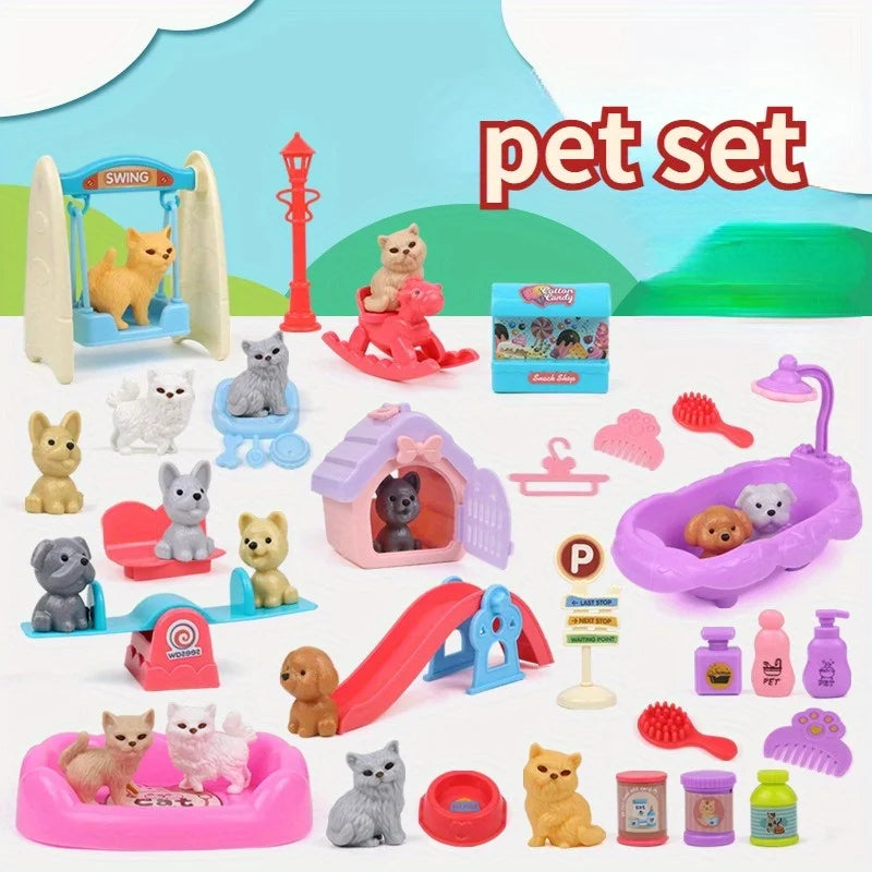 Kinder Hundespielzeug Set mit Korb – Nette Haustier-Puppe für Familien, Hundekäfig, Spielszene, Weihnachts- und Thanksgiving-Geschenke, farblich zufällig