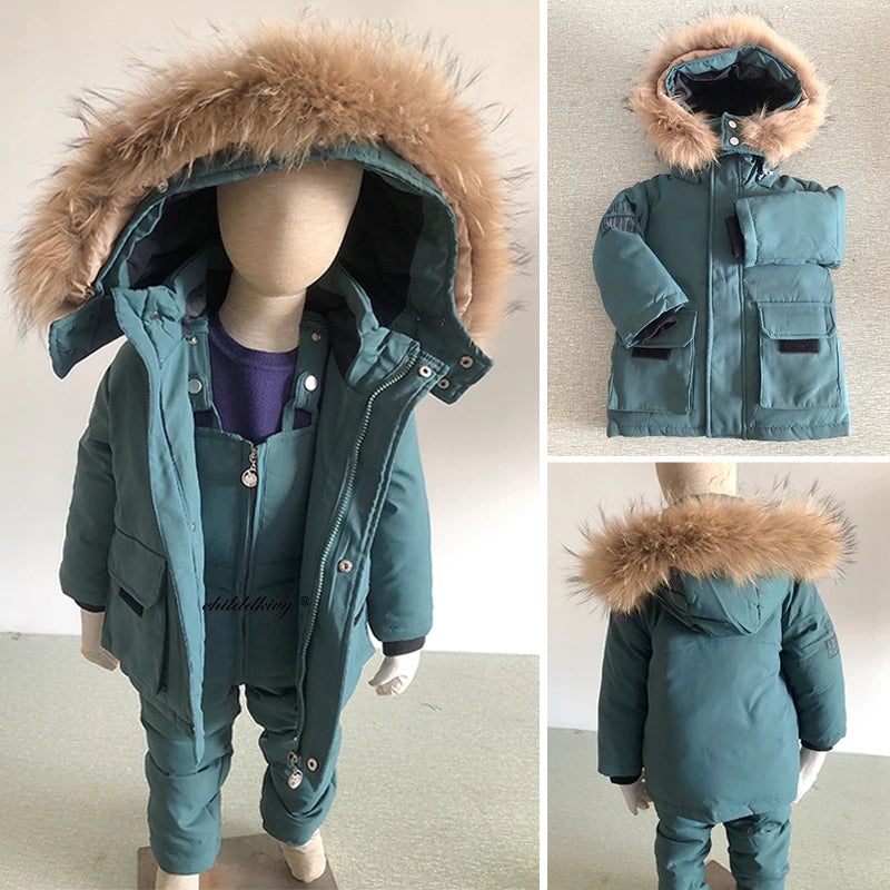 Kinder Daunenanzug für Winter und Herbst – Warmer Schneeanzug mit Pelzkragenlook, Jacke und Mantel für Jungen und Mädchen, Outwear für 1-5 Jahre