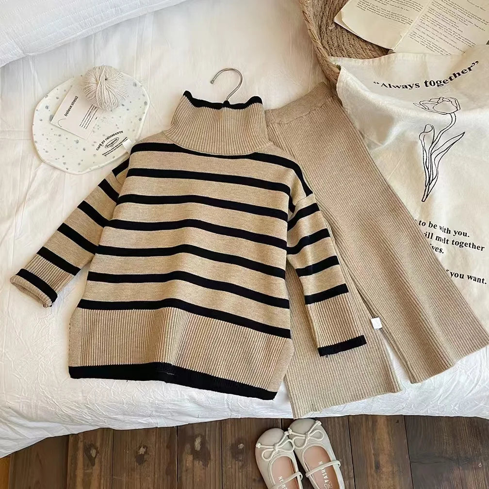 Mädchen-Herbst- und Winter-Set 2025 – Stilvoller Strickpullover mit hohem Kragen und weiten Beinen, zweiter Teil mit Hose, modisches Baby-Outfit für kalte Tage