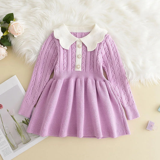 Strick-Prinzessinnen-Kleid für Mädchen – Langarm-Pulloverkleid mit Rüschen und Blumen