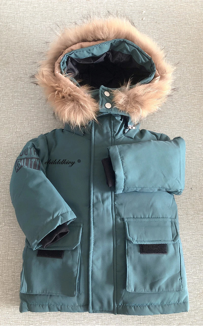 Kinder Daunenanzug für Winter und Herbst – Warmer Schneeanzug mit Pelzkragenlook, Jacke und Mantel für Jungen und Mädchen, Outwear für 1-5 Jahre