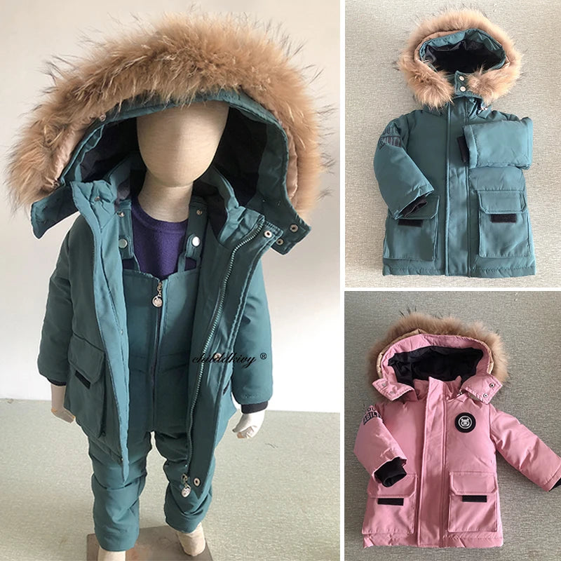 Kinder Daunenanzug für Winter und Herbst – Warmer Schneeanzug mit Pelzkragenlook, Jacke und Mantel für Jungen und Mädchen, Outwear für 1-5 Jahre