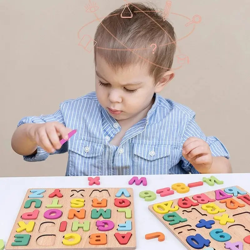 Montessori Holz-Puzzle – Lernspielzeug mit Alphabet und Zahlen