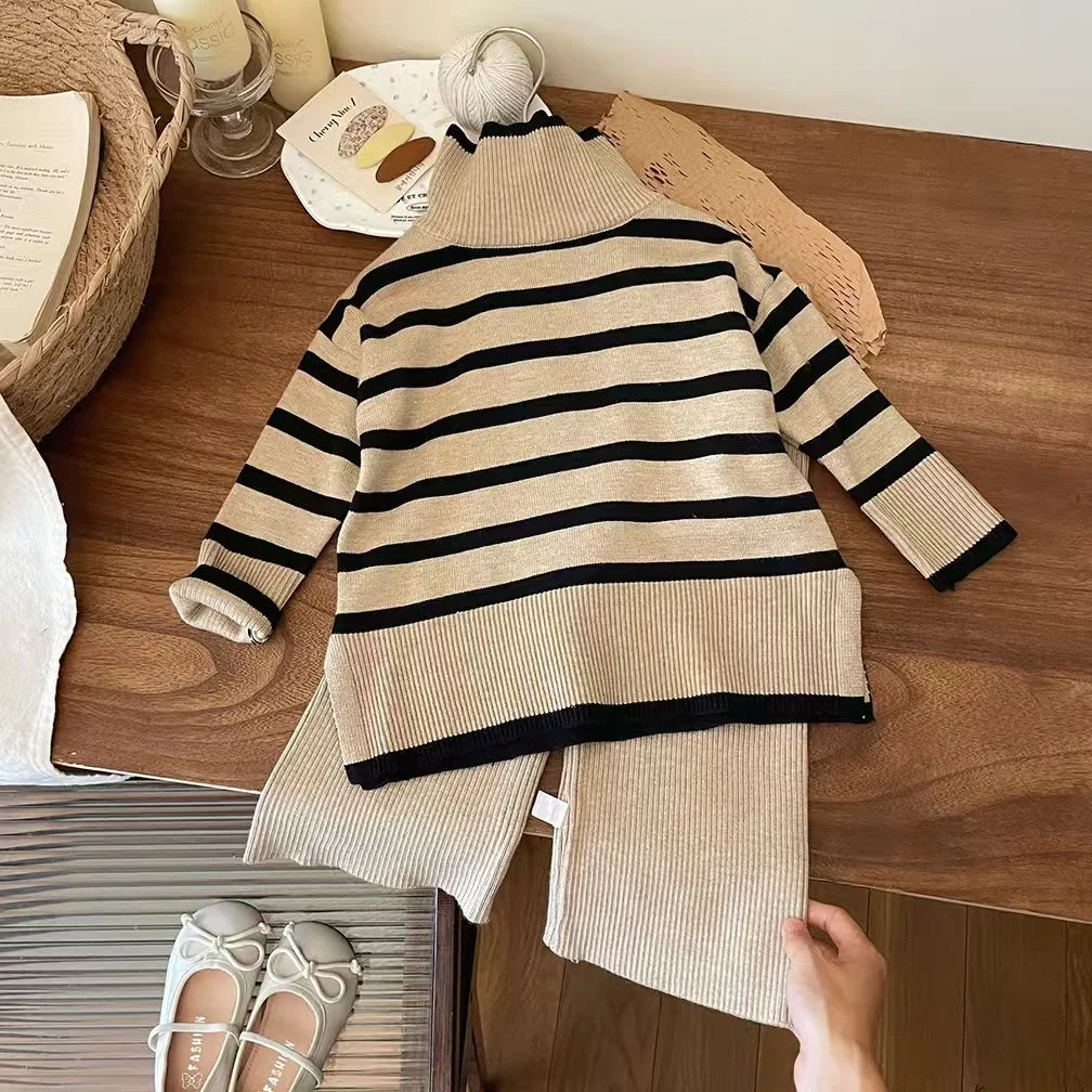 Mädchen-Herbst- und Winter-Set 2025 – Stilvoller Strickpullover mit hohem Kragen und weiten Beinen, zweiter Teil mit Hose, modisches Baby-Outfit für kalte Tage